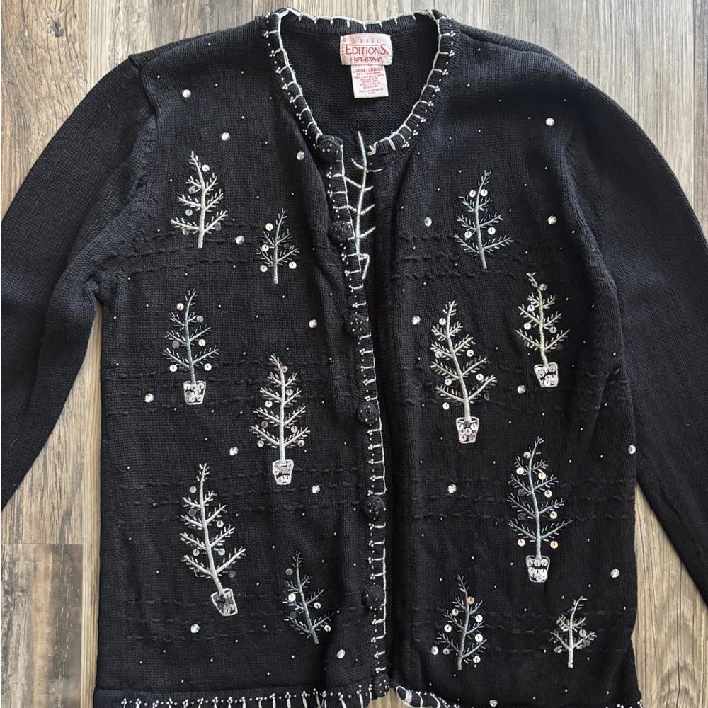 Vintage Basic Editions Holiday Black Cardigan with Silver Tree Embellishments